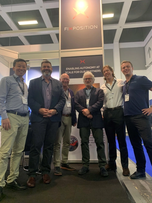 The Fixposition and Aptella team at Intergeo 2023. From left to right: Ph.D. Zhenzhong Su ( CEO and Co-Founder-Fixposition), Garry MacPhail (General Manager Regions -  Aptella), Martin Nix (CEO - Aptella, James Millner (Position Infrastructure Manager -  Aptella), Peter Mardaleichvili ( Head of Product Management - Fixposition), Lukas Meier ( CTO and Co-Founder - Fixposition)